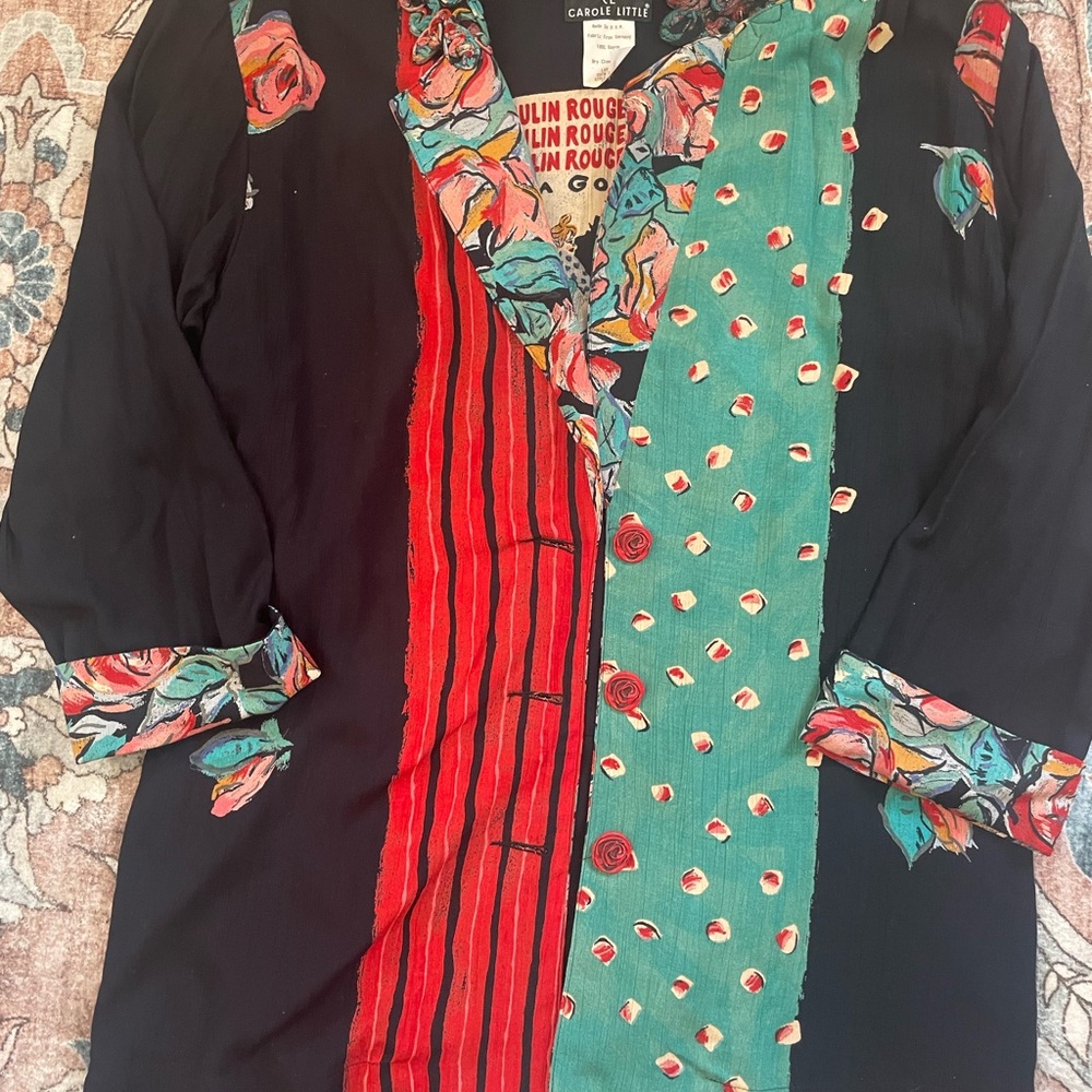 Carole Little Black Jacket with Red Stripe and Teal Floral Trim